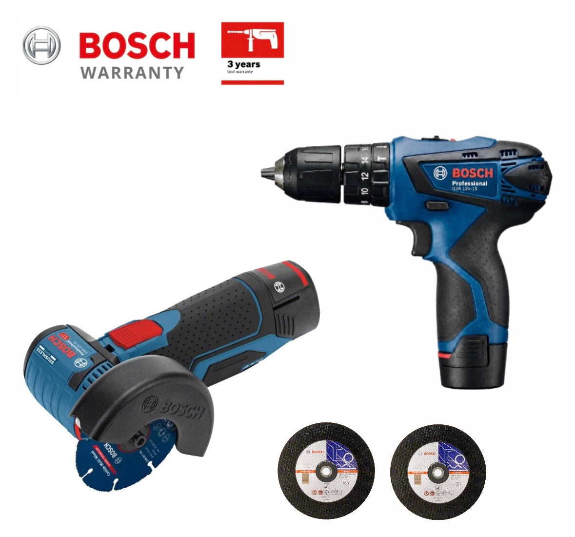 Σετ Bosch GSR 12V-15 & GWS 12V-76 Professional Με 2 Μπαταρίες Και Δώρο Δίσκους